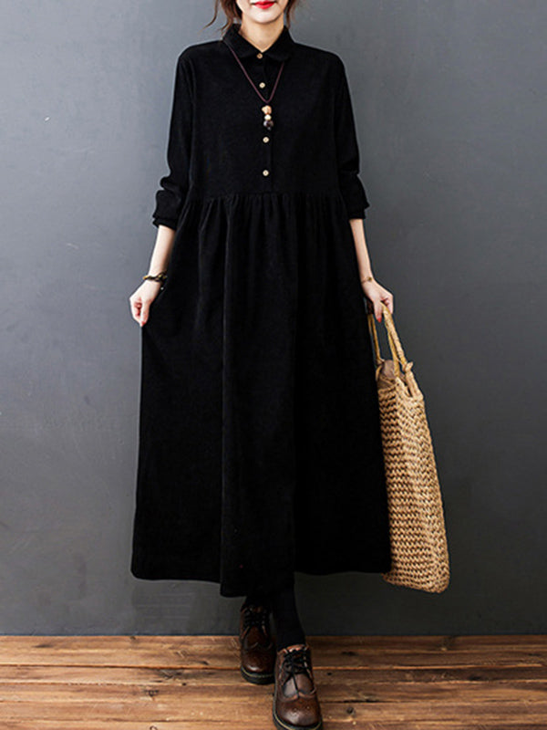Split-joint Color Long Sleeves Lapel A-line Corduroy Midi Dress