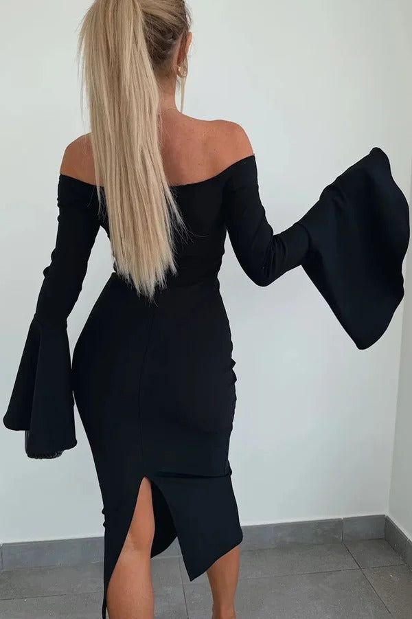 Color Off-shoulder Trumpet Sleeve Slim Midi Dress