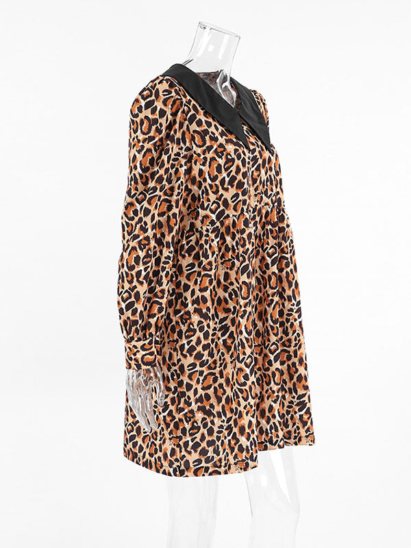 Loose Puff Sleeves Leopard Pleated Printed Split-joint Peter Pan Collar Mini Dresses Shirt Dress
