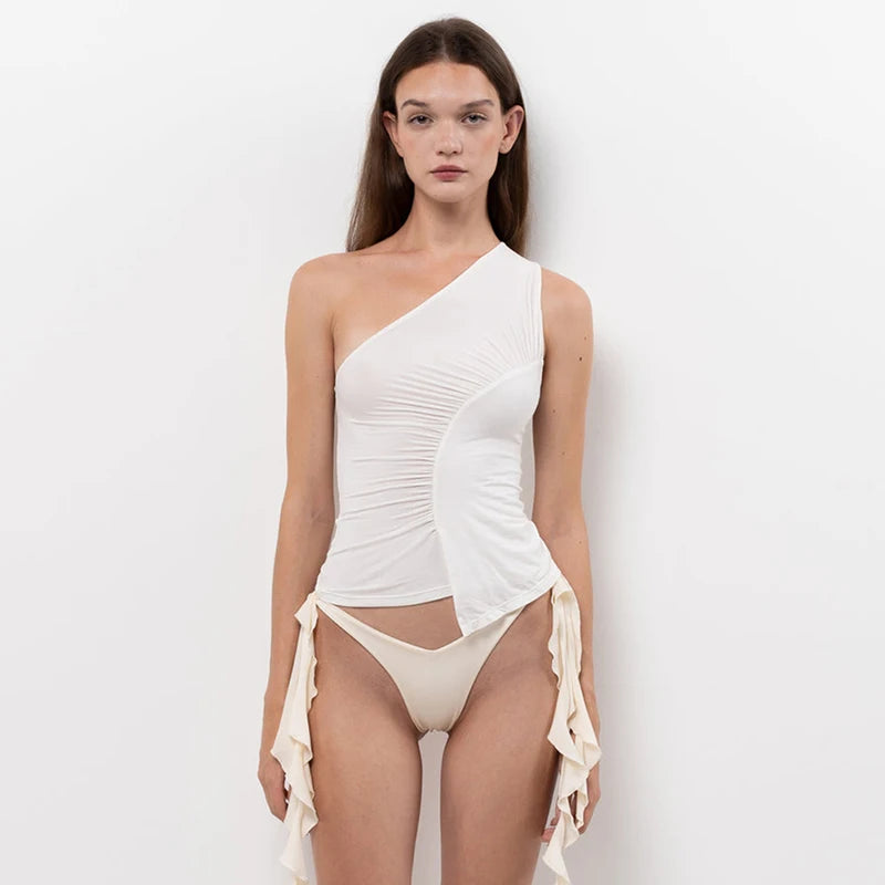 ’s Summer Tank Tops One Off Shoulder Sleeveless Color Slim Fit Camisole Blouse T-shirts Aesthetic Clothes
