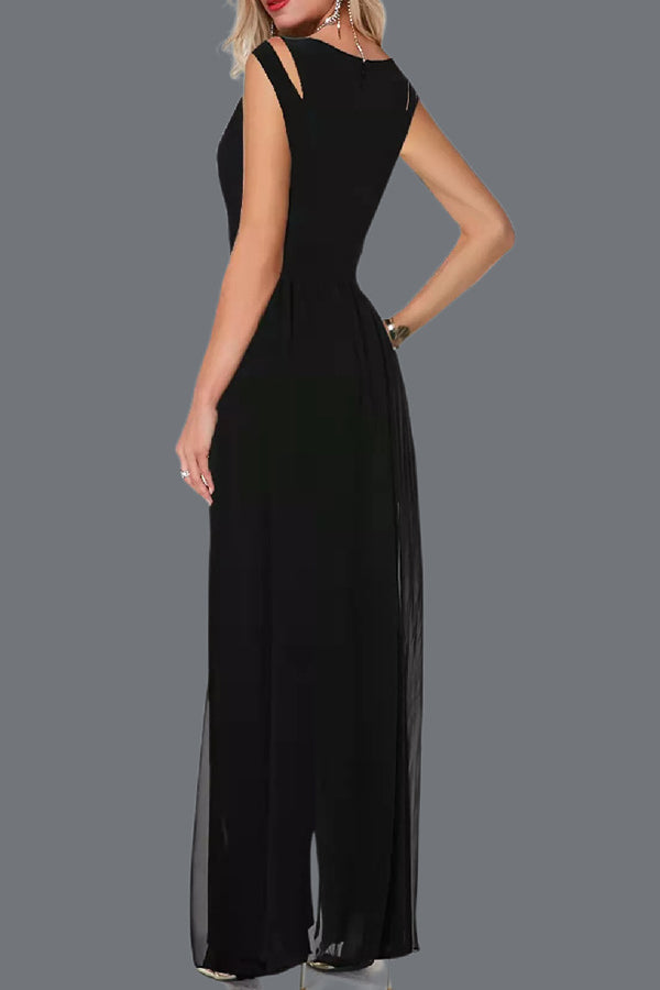 Round Neck Sleeveless Hollow Color Jumpsuit
