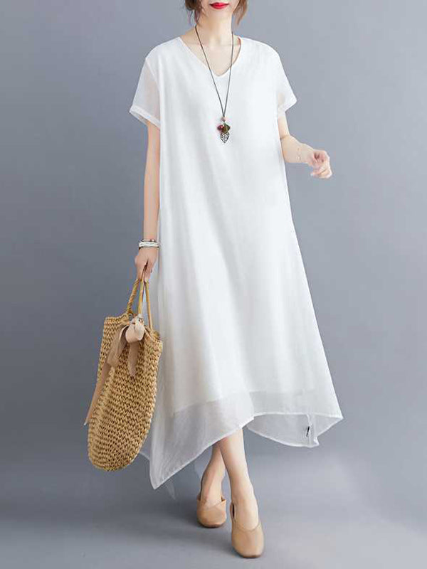 A-line Loose Color V-neck Midi Dresses