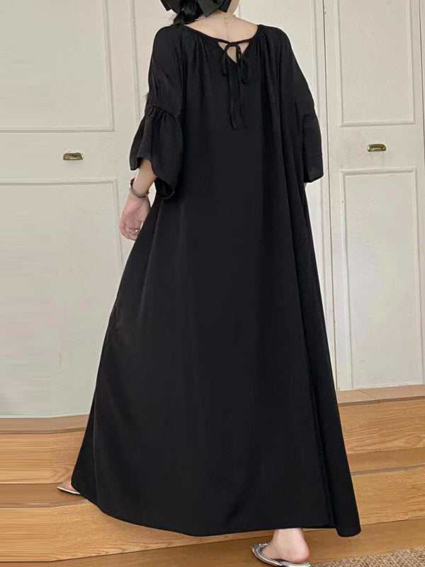 Half Sleeves Loose Color Round-neck Midi Dresses
