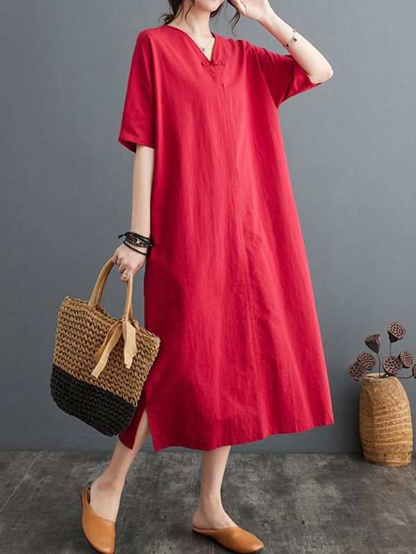 A-line Loose Chinese Frog Buttons Pockets Color Split-side V-neck Midi Dresses