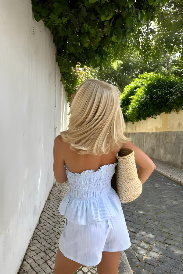 Vaela – Ruffle Bandeau Tube Top and Loose Shorts Set