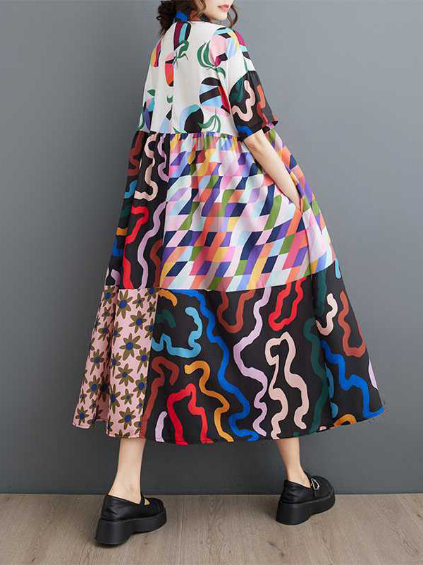 A-line Loose Buttoned Printed Split-joint Lapel Midi Dresses Shirt Dress