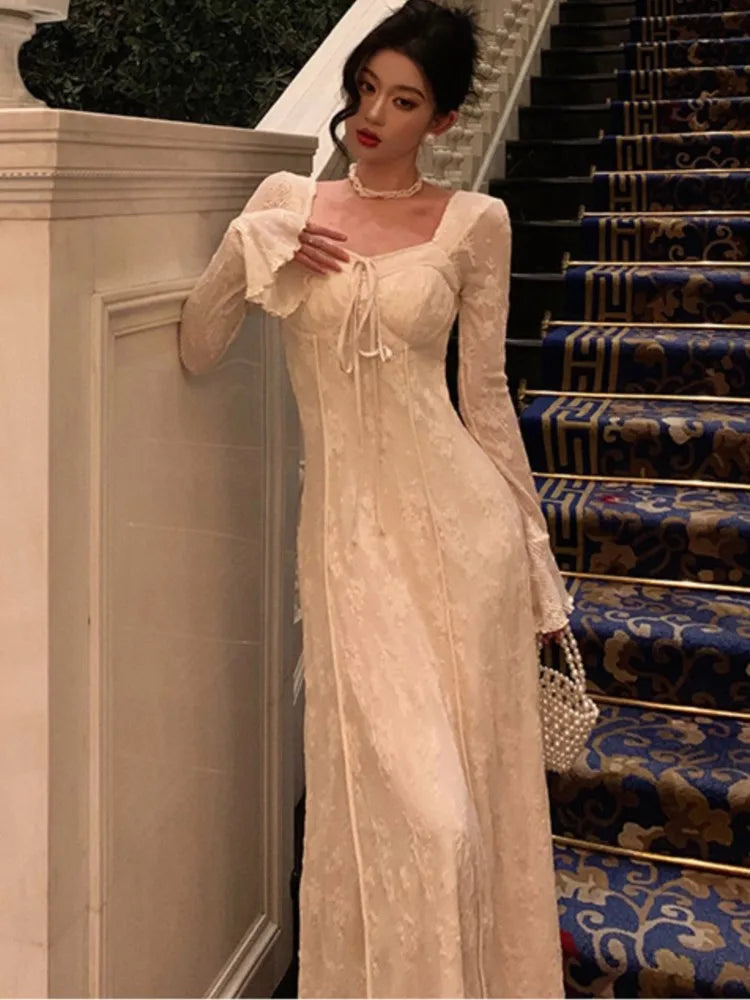 ’s Midi Dress Flare Sleeves Square Collar A-line Lace Up Autumn Spring French Prom Robe Vestidos New