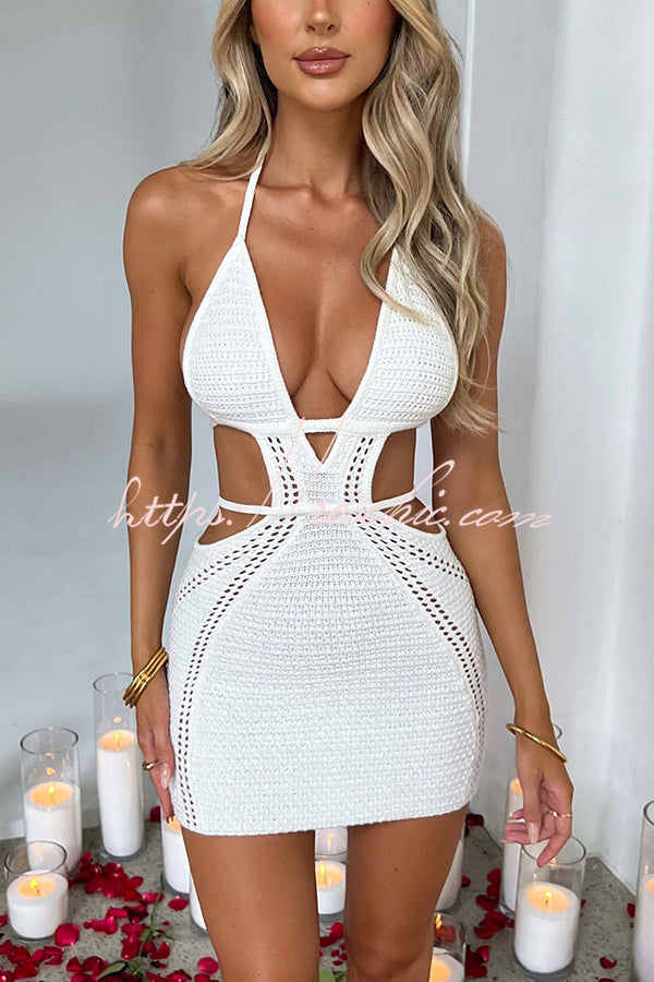Effortlessly Cool and Knit Crochet Cutout Halter Tie-up Stretch Mini Dress