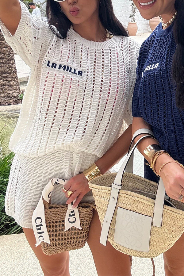 Fashionable Hollow Knit Short-sleeved Top and Elastic High-waist Shorts Set