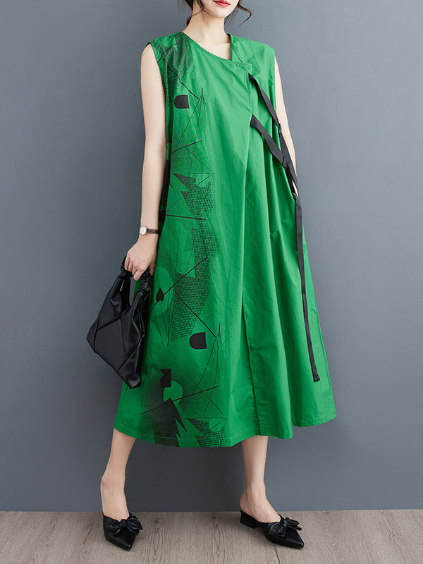 Loose Sleeveless Printed Round-neck Midi Dresses
