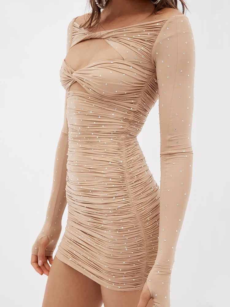 Ruched Cut Out Diamonds Long Sleeve Mini Dress Shirring Sweetheart-neck Slim Wrap Skirt Bodycon Partywear