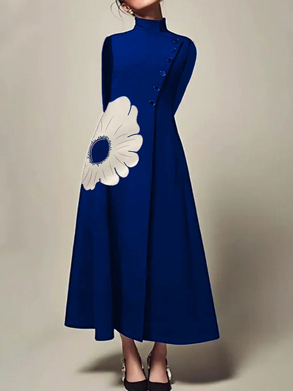 A-line Long Sleeves Flower Print High Neck Midi Dresses