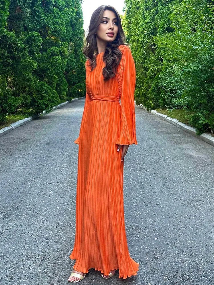 Ruffled Lace-up Ribbed Maxi Dress for Long Sleeve High Waist Party Dress Autumn Bandage Dress