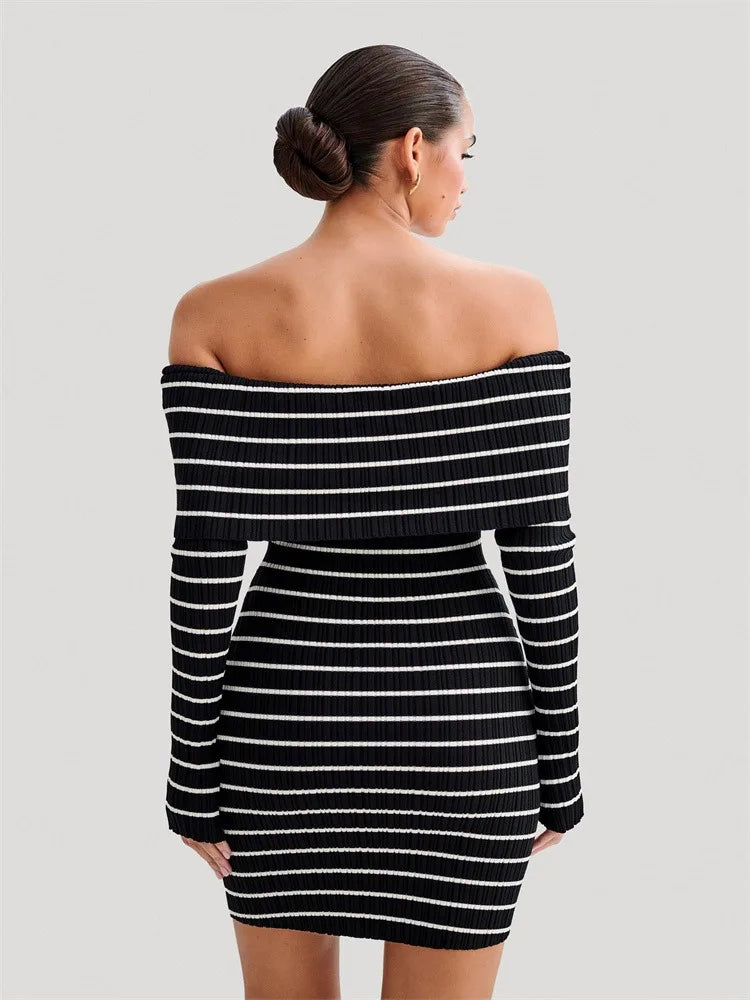 Striped Knit Sweater Mini Dress for Bandeau Backless Summer Contrast Party Dress Knitwear Mini Dress