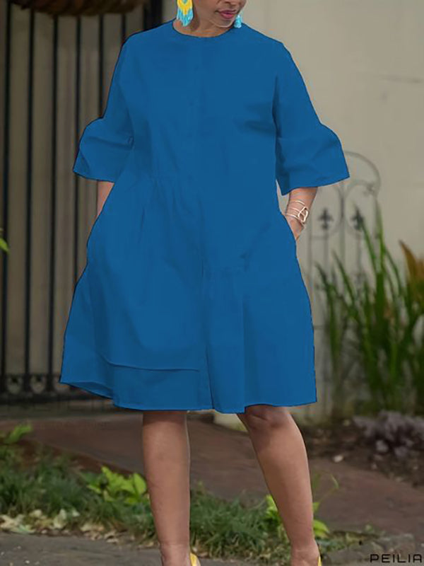 Loose Three-quarter Sleeves Asymmetric Buttoned Pleated Pockets Color Split-joint Round-neck Midi Dresses