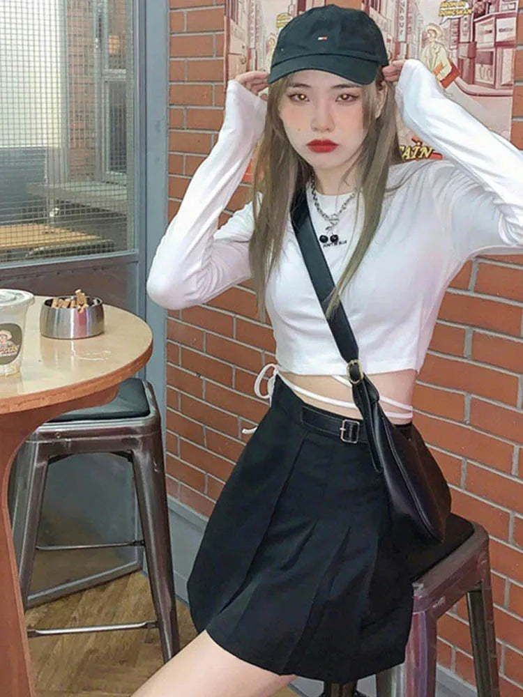 Long Sleeve T-shirts Design Crop Ins Prevalent Bandage Tops Harajuku Ulzzang Street Spring Female Ropa Hot Skinny New