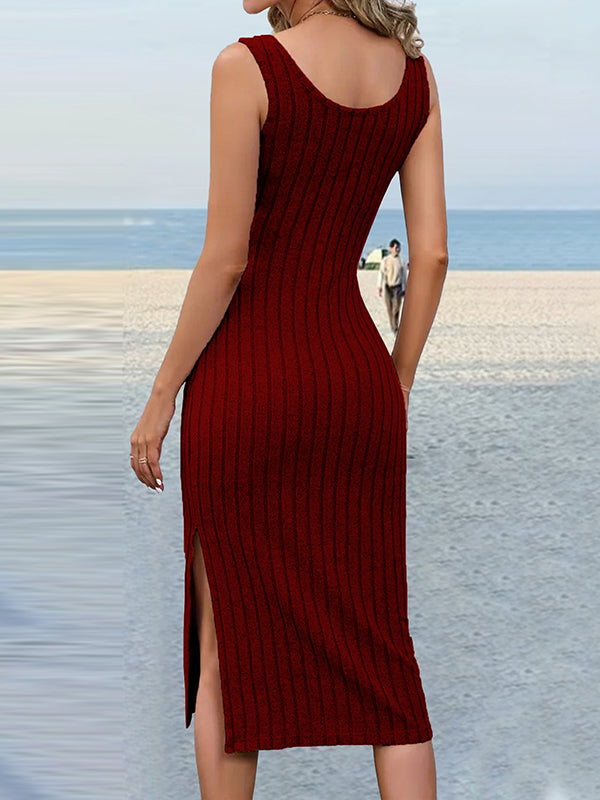 Skinny Sleeveless Color Split-side Striped U-neck Midi Dresses