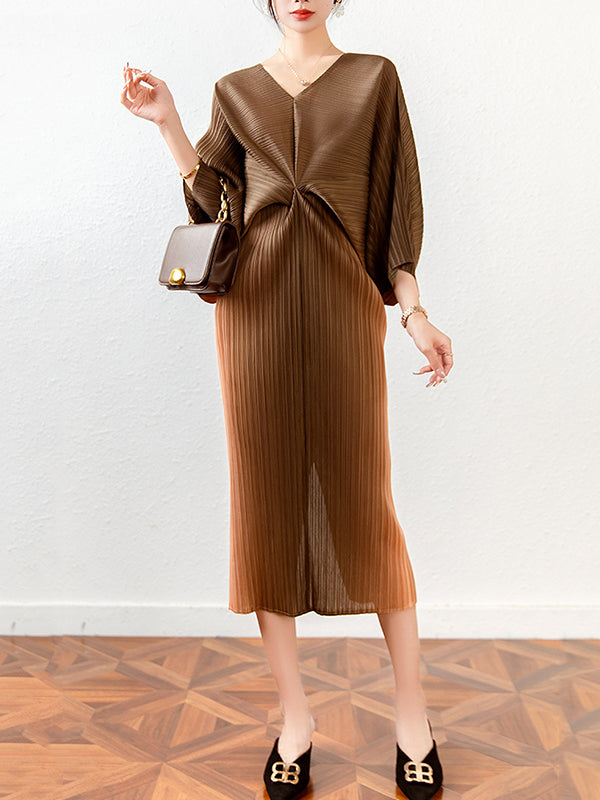 Loose Batwing Sleeves Gradient Pleated Midi Dress