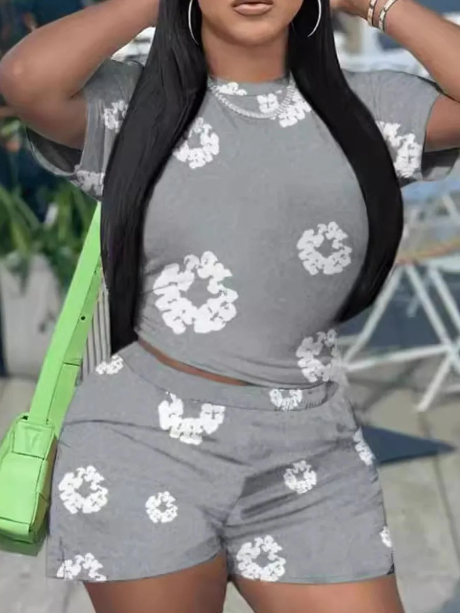 Round Neck Print Shorts Set New in Flower Print Short Sleeve Two Piece Pants Set Daily Matching Suit for – Print Two Piece Pants Set