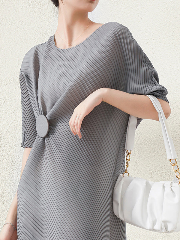 Stylish Irregularity Loose Pleated Color Round-neck Midi Dresses