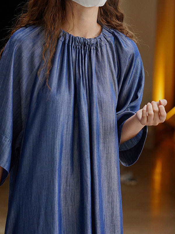 Loose Raglan Sleeve Drawstring Lace-up Pleated Color Round-neck Midi Dresses