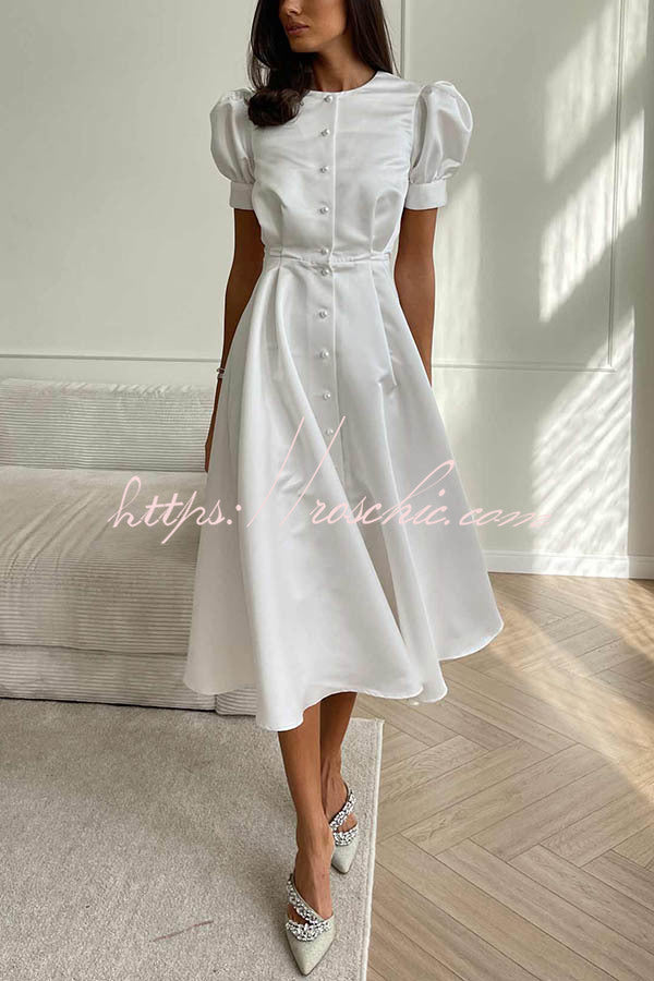 And Classy Vibe Puff Sleeve Pearl Button Slit Midi Dress