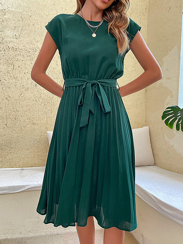 A-line Loose Pleated Color Tied Waist Round-neck Midi Dresses