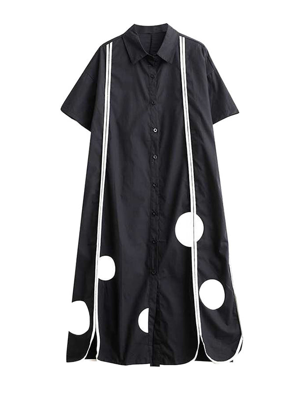 A-line Half Sleeves Buttoned Pockets Polka-dot Split-front Split-joint Lapel Midi Dresses Shirt Dress