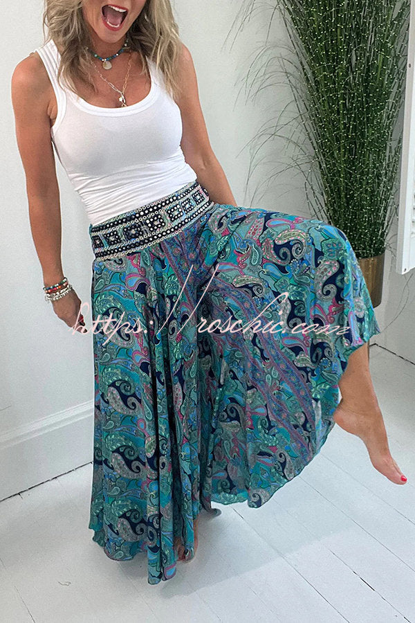 Paisley Print Elastic Patchwork Waist Pocketed Lightweight Pants