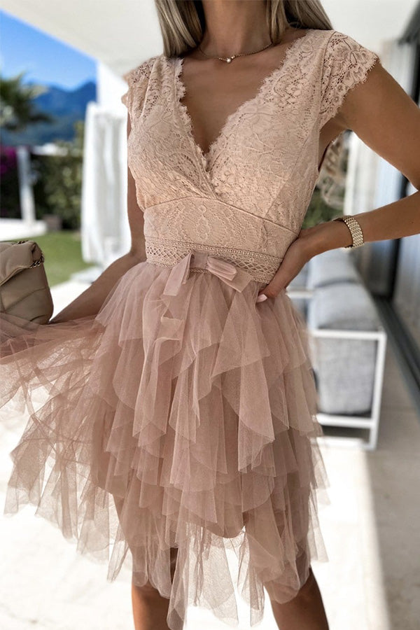 V-neck Lace Sleeveless Layered Midi Dress