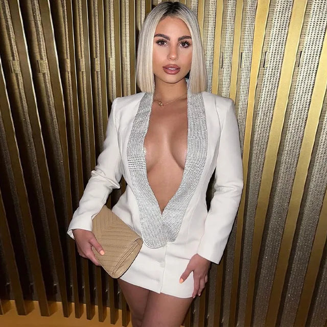 Deep V Neck Hot Drill Mini Dress for Slim Long Sleeve Backless Coats Femme Party High Waist Blazers Woman