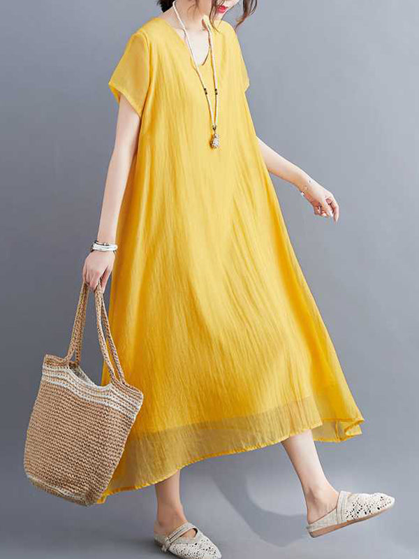 A-line Loose Color V-neck Midi Dresses