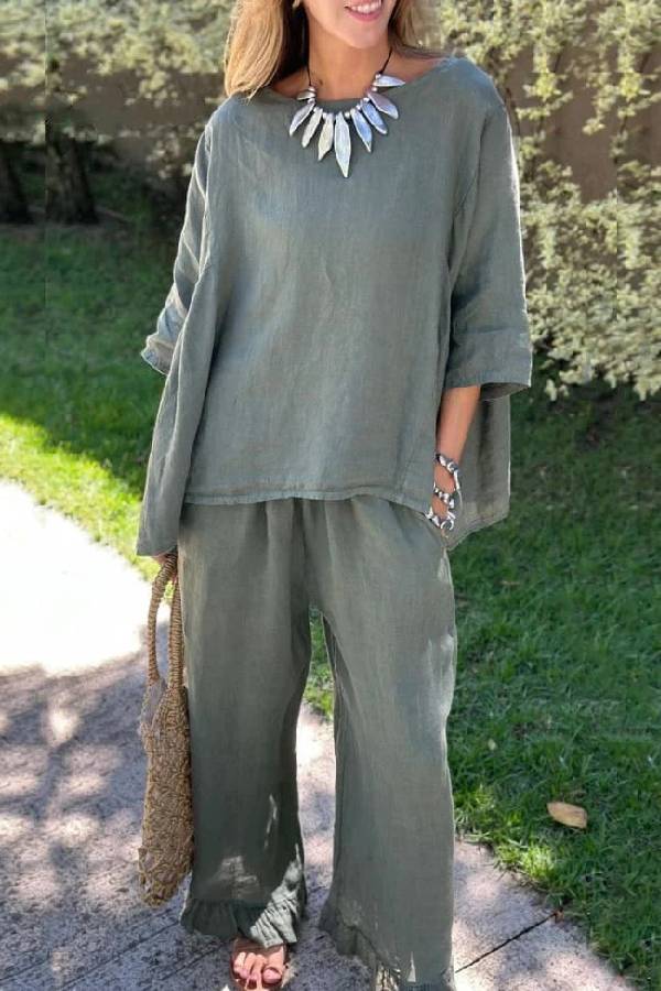 Color Loose Top & Pants Cotton Linen Two-piece Set