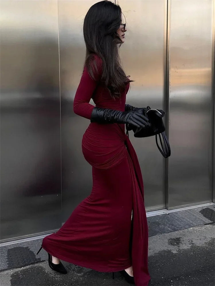 Female Pleated Maxi Dress Patchwork Twist Slim Long Sleeve Y2k Autumn Dress ’s Bodycon Dress