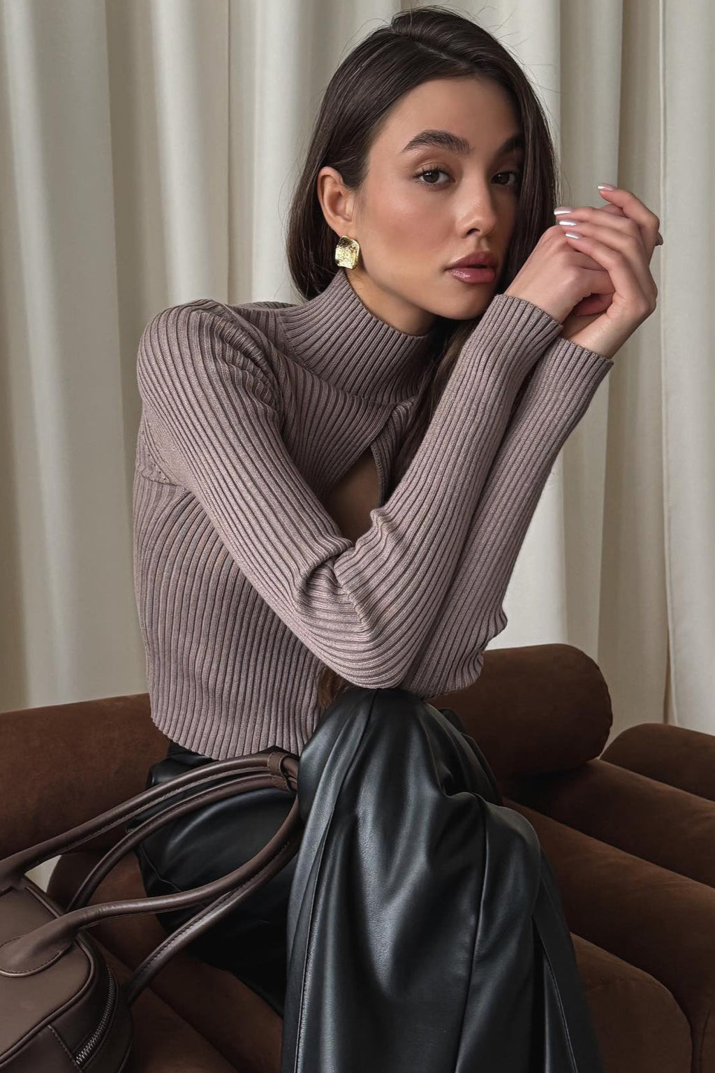 Turtleneck Openworks Knit Pullover Sweater