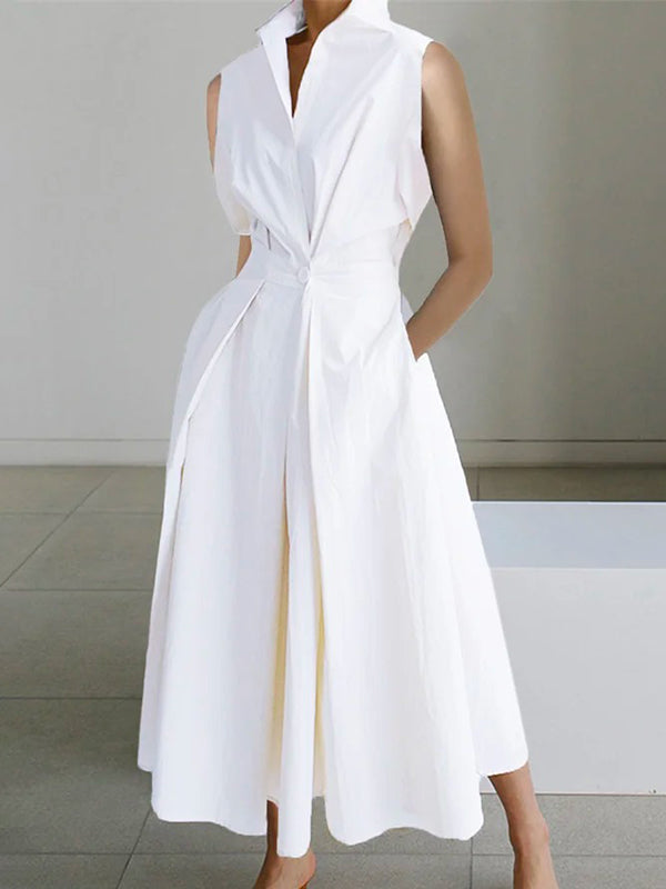 Sleeveless Color Lapel Midi Dresses