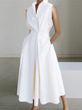 Sleeveless Color Lapel Midi Dresses