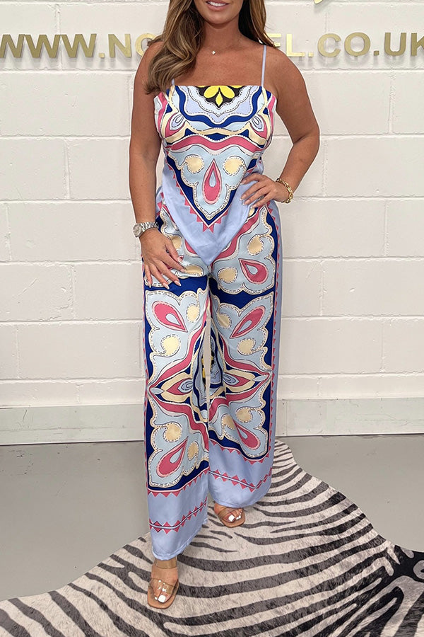 Print Suspenders Open Back Tie Top + Straight Pants Set