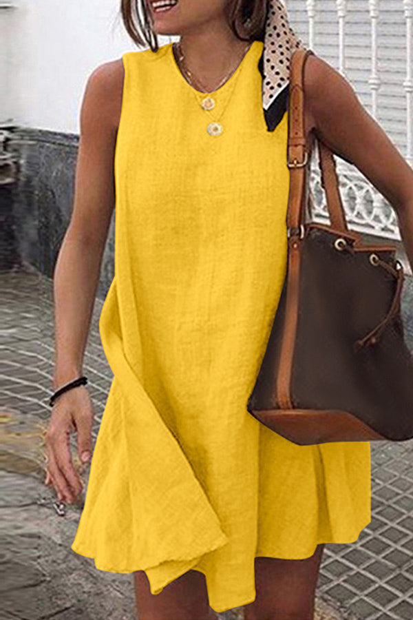 Round Neck Sleeveless Cotton Linen Mini Dress