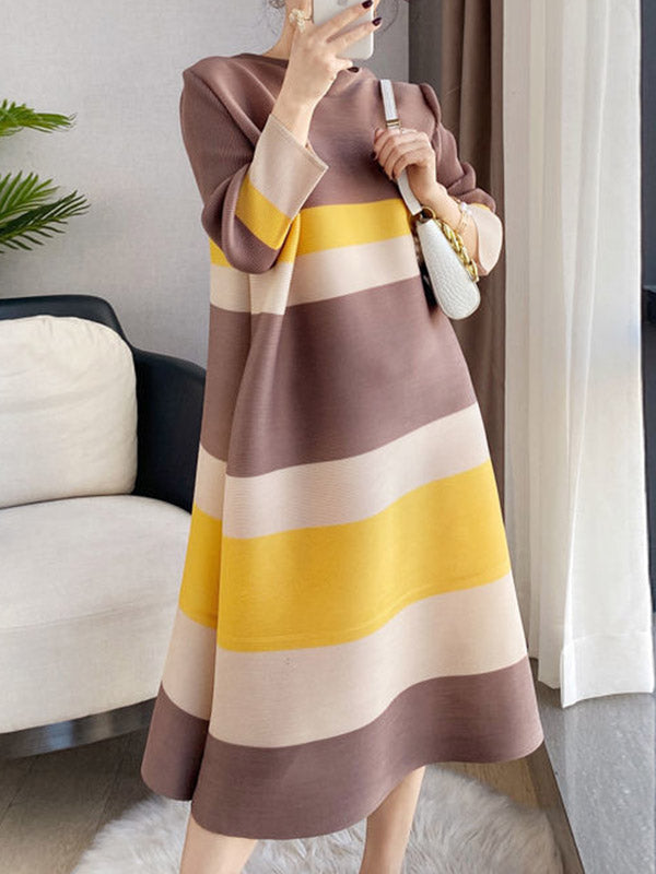 A-line Loose Pleated Striped Round-neck Midi Dresses