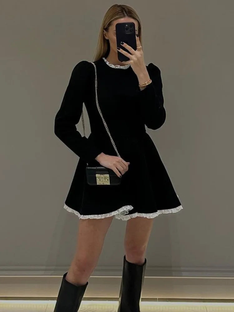 Splice Lace Mini Dress for High Waist Slim Dresses Femme Wedding Retro Temperament Dress Clothes New