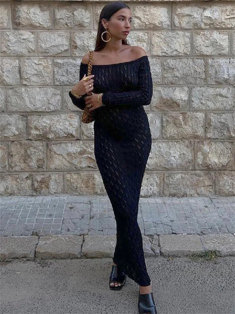 Knit Off-shoulder Maxi Dress – Patchwork Hollow Out Knitwear Dress