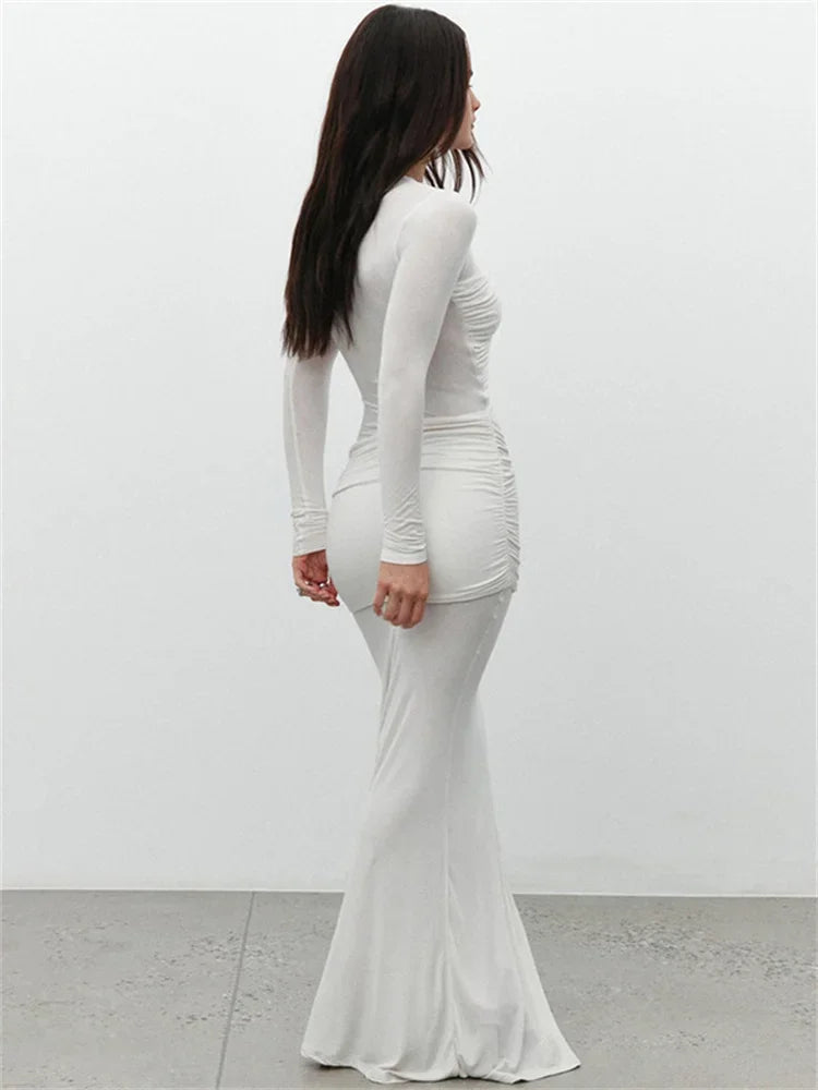 Mesh Patchwork Maxi Dress ’s Pleated Skinny High Waist Slim See-through Party Dress Female Long Dress