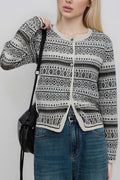 Jacquard Crew Neck Button Knit Cardigan