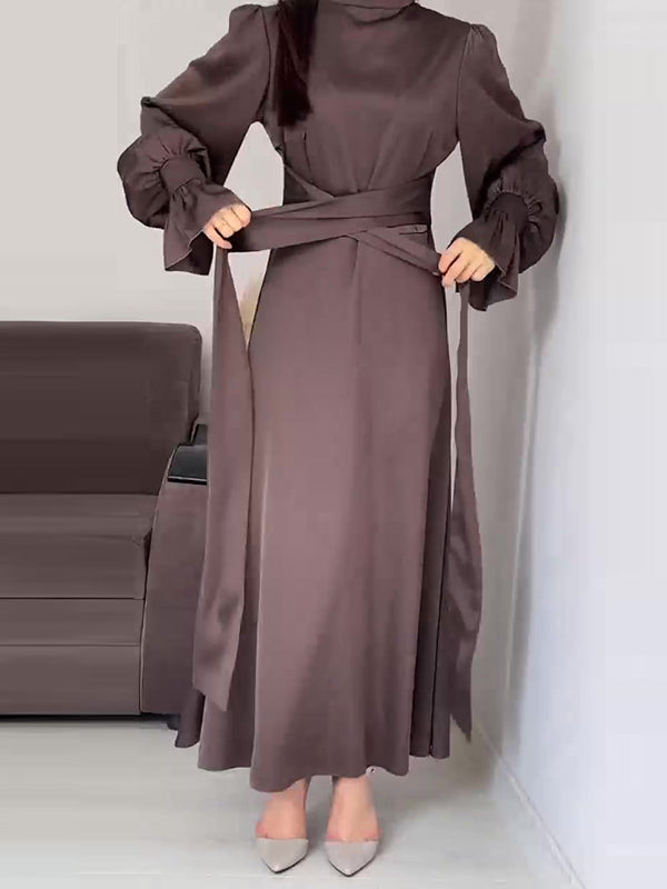 A-line Long Sleeves Pleated Color Tied Waist Zipper Mock Neck Maxi Dresses