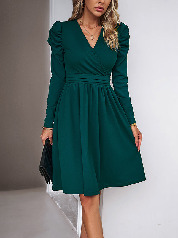 Puff Sleeves Skinny Pleated Color Split-joint V-neck Midi Dresses
