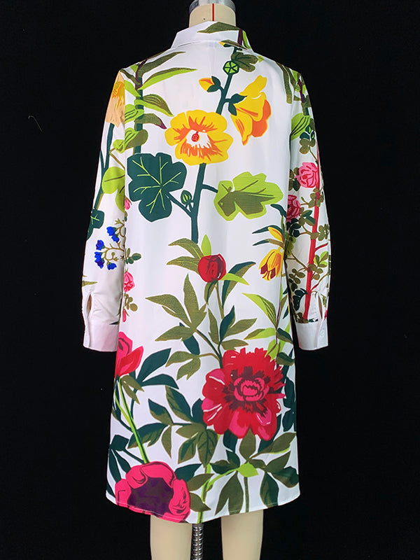 A-line Long Sleeves Flower Print Pockets Split-joint Lapel Midi Dresses