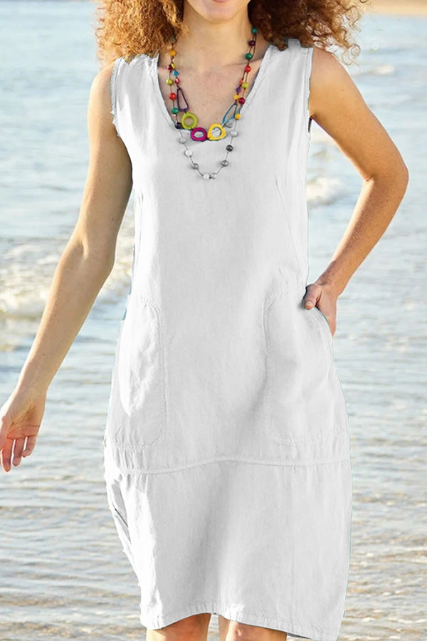 Chun Color Cotton and Linen U-neck Sleeveless Pocket Midi Dress