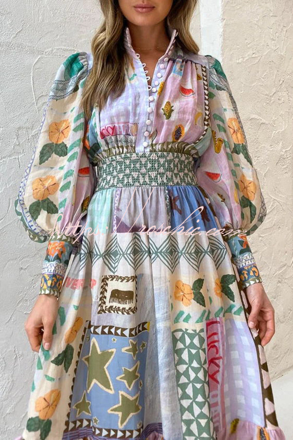 Playfully Unique Print Balloon Sleeve Smocked Waist Shirt Midi Dress