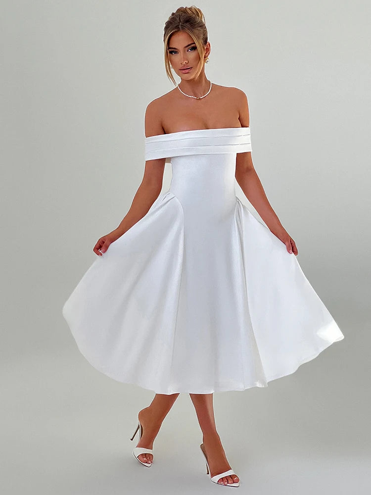 Off-shoulder Backless Midi Dress for Strapless Sleeveless A-line Loose Pleated Long Dress